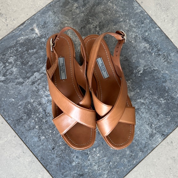 Authentic Prada 38.5/8 Brown Leather Crossover & Cork Wedge Sandal Platform Heel - Picture 6 of 11